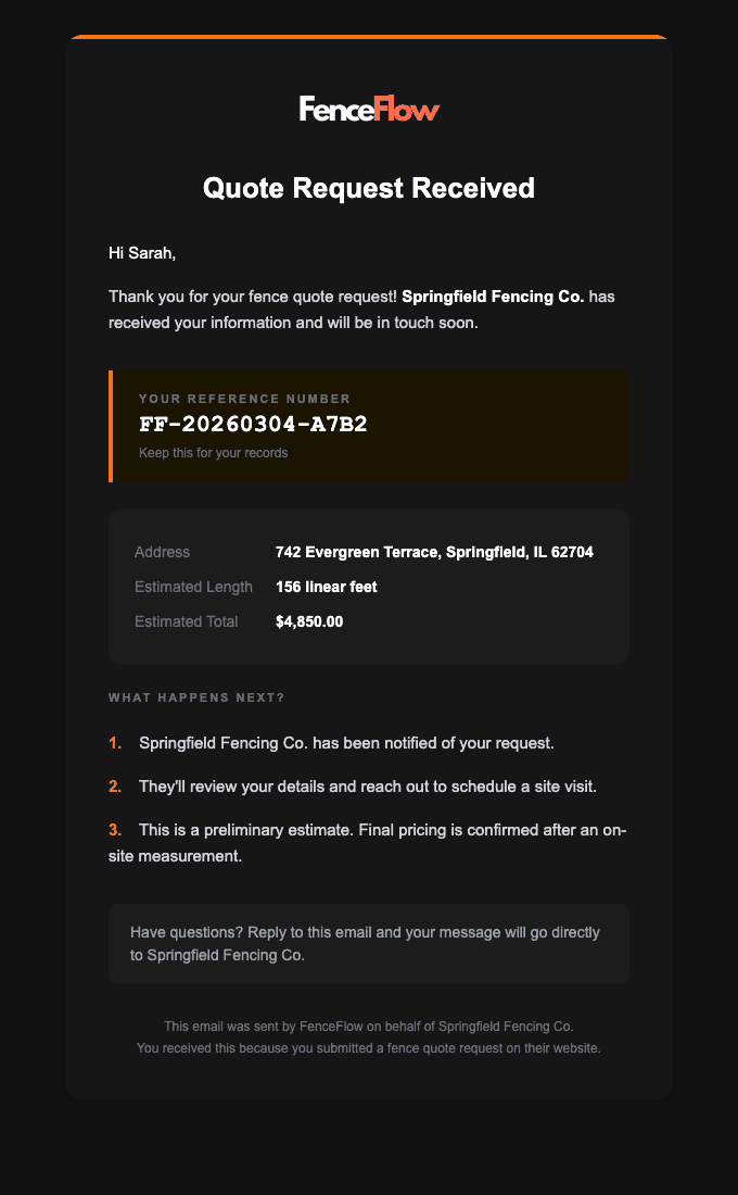 Standard customer confirmation email